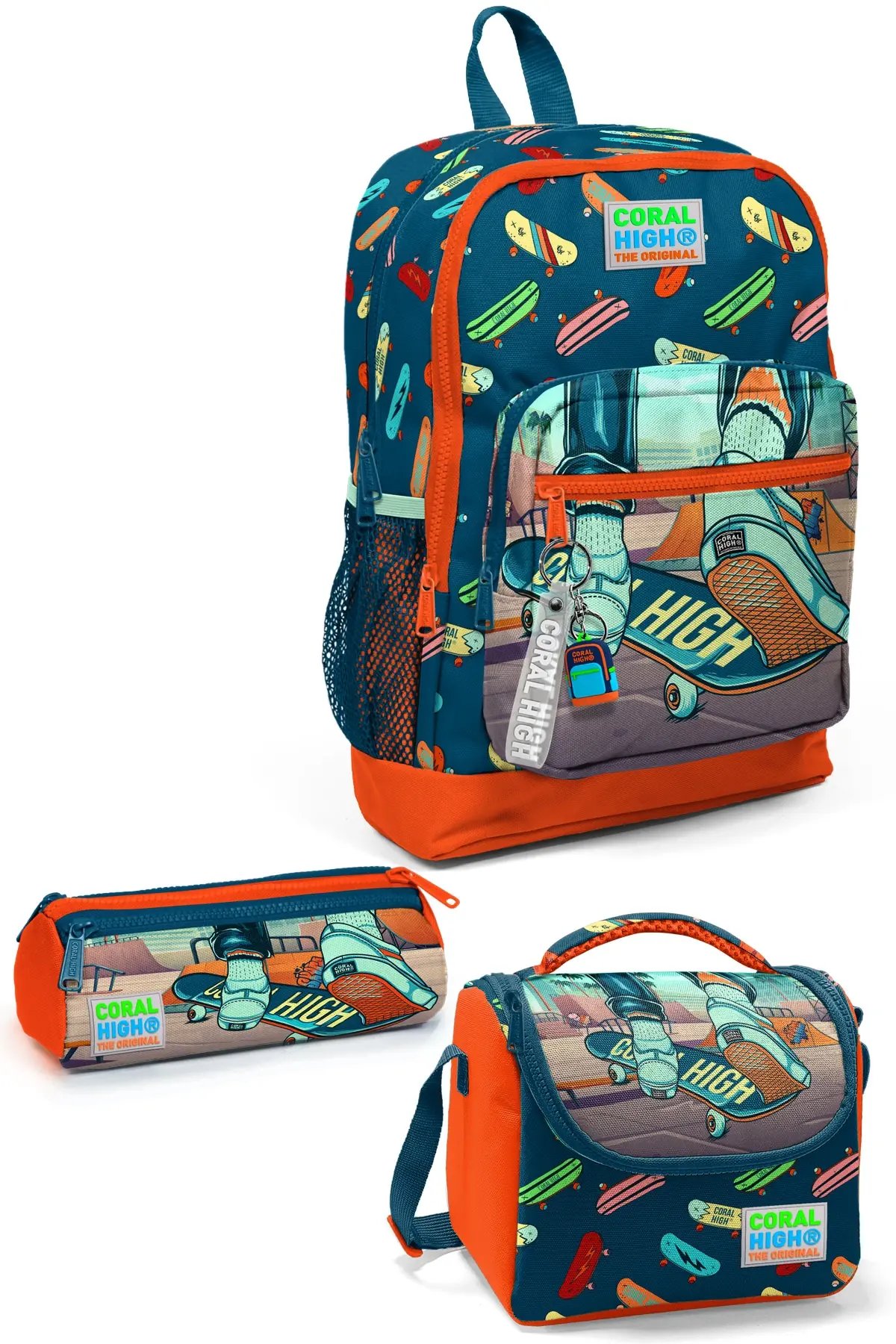 Coral High Kids Çivit Neon Turuncu Kaykay Desenli 3’lü Okul Çanta Seti SET0123723
