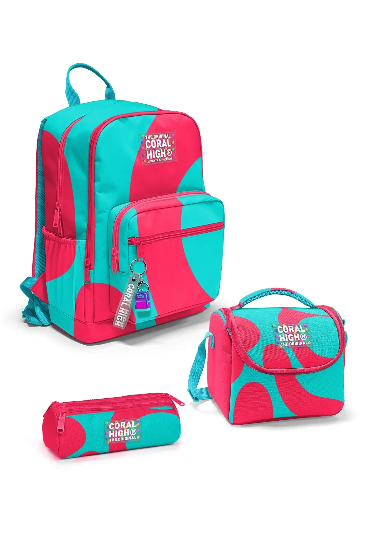 Coral High Kids Neon Mercan Turkuaz Desenli 3’lü Okul Çanta Seti SET0123685