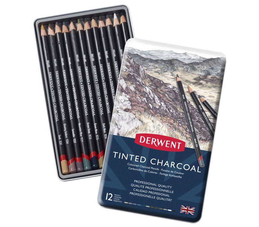Derwent Tinted Charcoal Renkli Kömür Füzen Seti 12'li Teneke Kutu