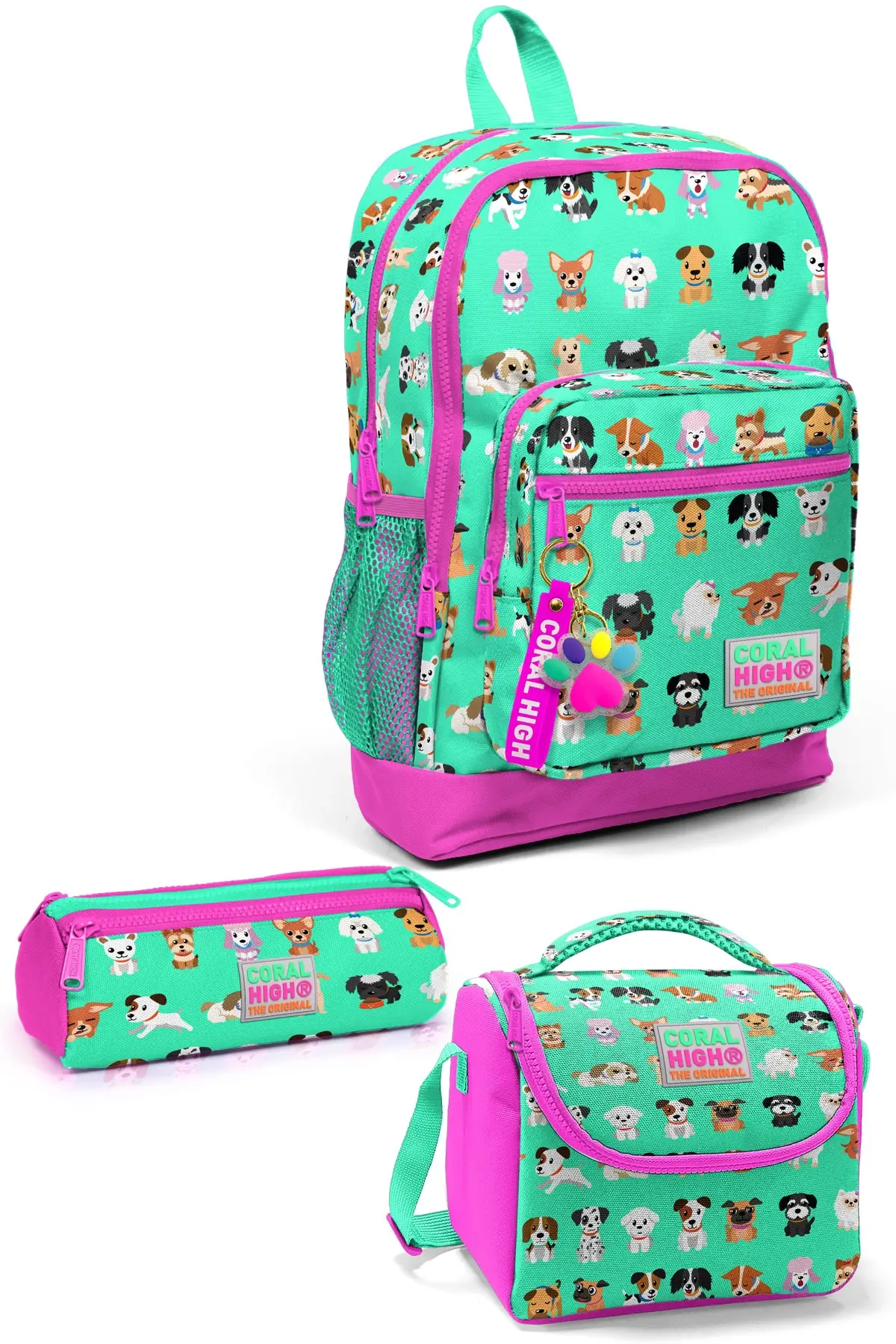 Coral High Kids Su Yeşili Neon Pembe Köpek Desenli 3’lü Okul Çanta Seti SET0123465
