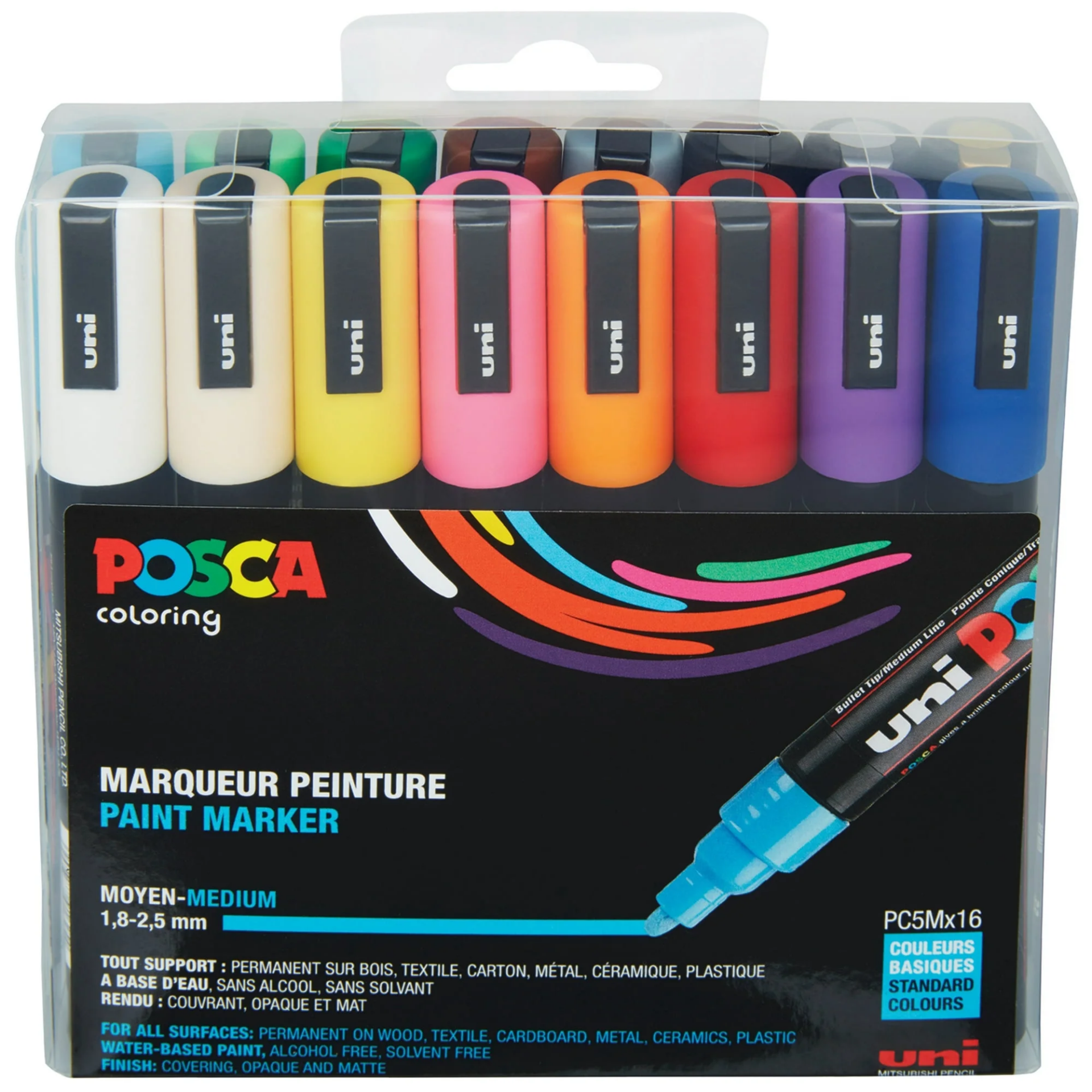 Uni Posca PC-5M Boyama Markörü 1.8-2.5 mm Ana Renkler 16'lı Set