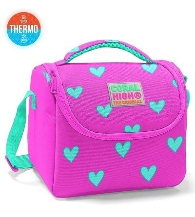 Coral High Kids Neon Pembe Su Yeşili Kalp Desenli Thermo Beslenme Çantası 11806
