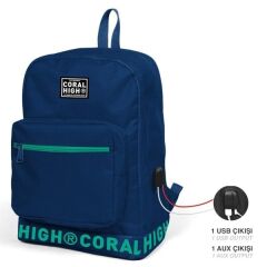 Coral High Lacivert Nakış Logolu Dört Bölmeli USB Şarjlı Kulaklık Çıkışlı Sırt Çantası 24107
