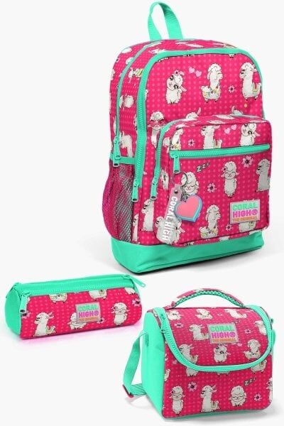 Coral High Kids Neon Mercan Su Yeşili Alpaka Desenli 3’lü Okul Çanta Seti SET0123466