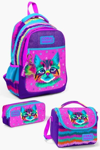 Coral High Kıds Mor Pembe Kedi Desenli 3’lü Okul Çanta Seti SET0123477