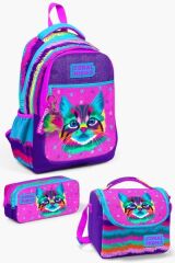 Coral High Kıds Mor Pembe Kedi Desenli 3’lü Okul Çanta Seti SET0123477