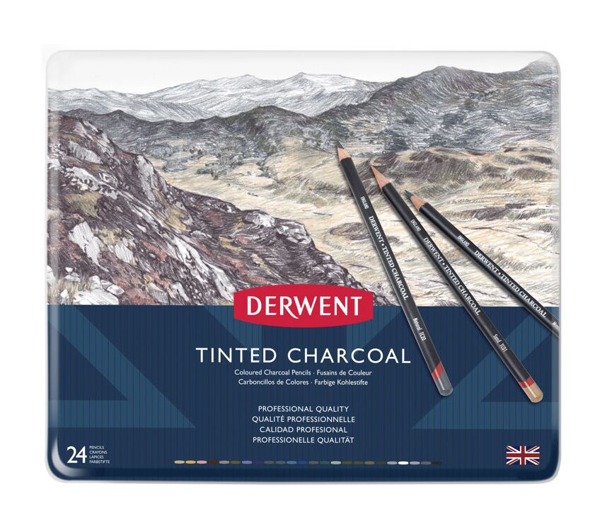 Derwent Tinted Charcoal Renkli Kömür Füzen Seti 24'lü Teneke Kutu