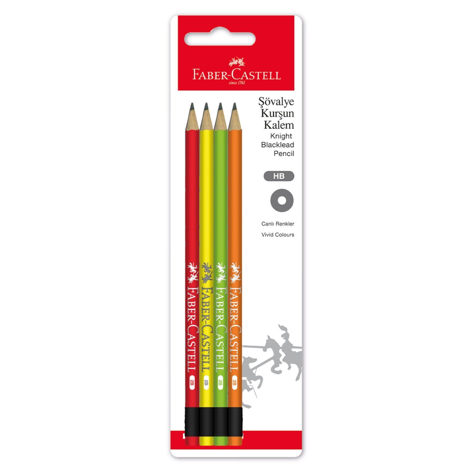 FABER CASTELL ŞÖVALYE SİLGİLİ KURŞUN KALEM CANLI HB 4'lü