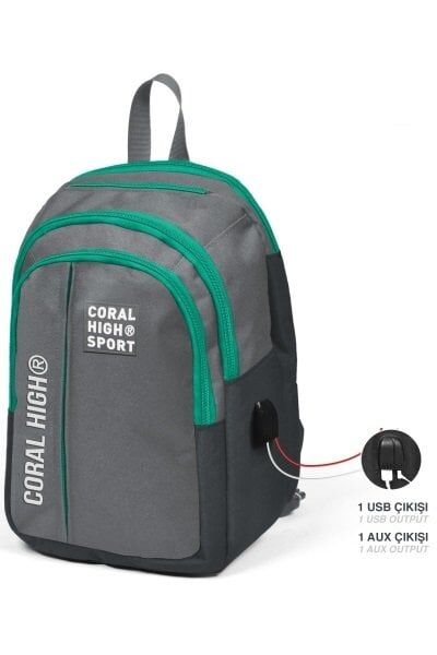 Coral High Gri Beş Bölmeli USB Şarjlı Kulaklık Çıkışlı Sırt Çantası 23243