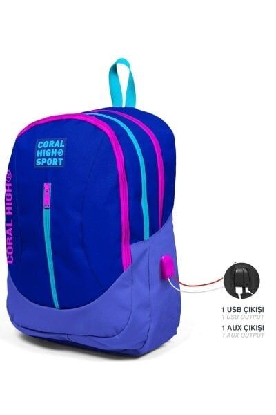 Coral High Sport Saks Lavanta USB Şarjlı Kulaklık Çıkışlı Dört Bölmeli Sırt Çantası 23449