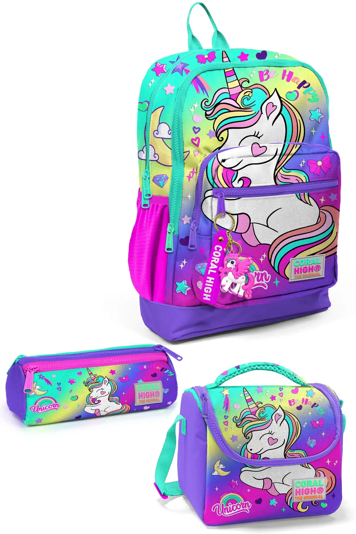 Coral High Kids Lavanta Su Yeşili Unicorn Desenli 3’lü Okul Çanta Seti SET0123729