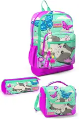 Coral High Kids Su Yeşili Pembe Kedi Desenli 3’lü Okul Çanta Seti SET0123707