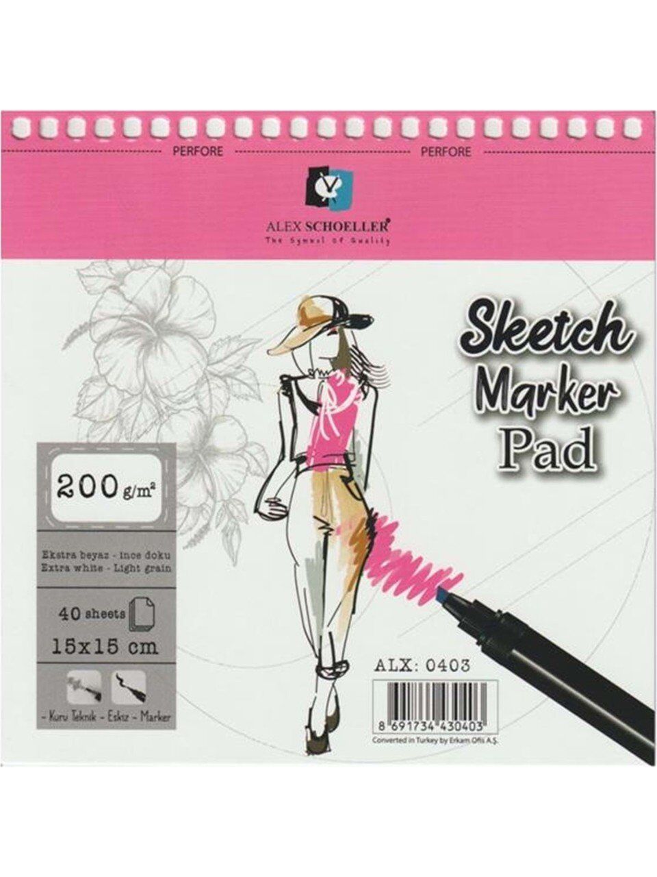 Alex Schoeller Sketch Marker Pad Eskiz Defteri 200gr 15x15 40yp Spiralli