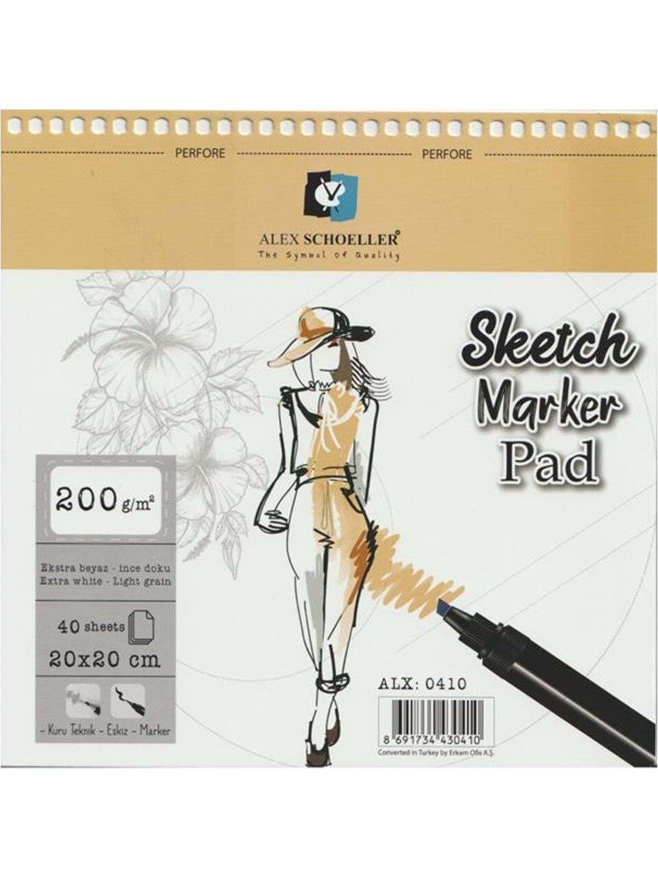 Alex Schoeller Sketch Marker Pad Eskiz Defteri 200gr 20x20 40yp Spiralli